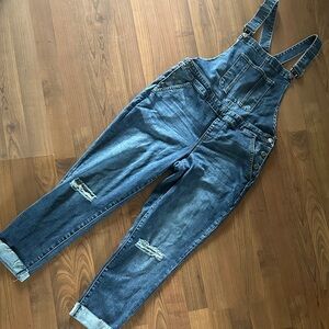 Maurices women’s  Distressed Blue Denim Overalls